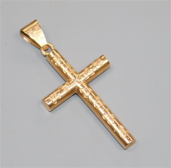 A French engraved 18ct yellow metal cross pendant, 45mm.